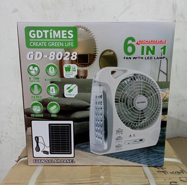 Solar rechargable fan with led light