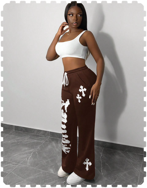 Pantalon large marron motifs