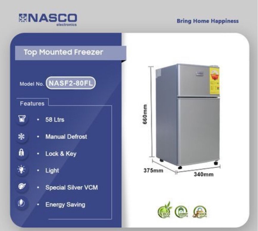 NASF2-80FL Double Door Table Top Fridge - 58 Liters - Silver