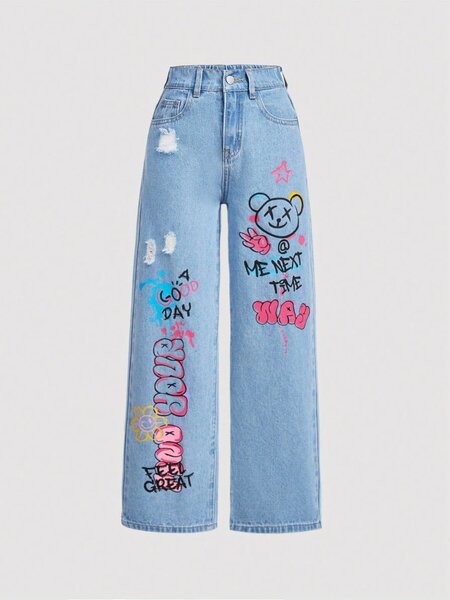 Tween girl spring summer boho ripped letter & cartoon