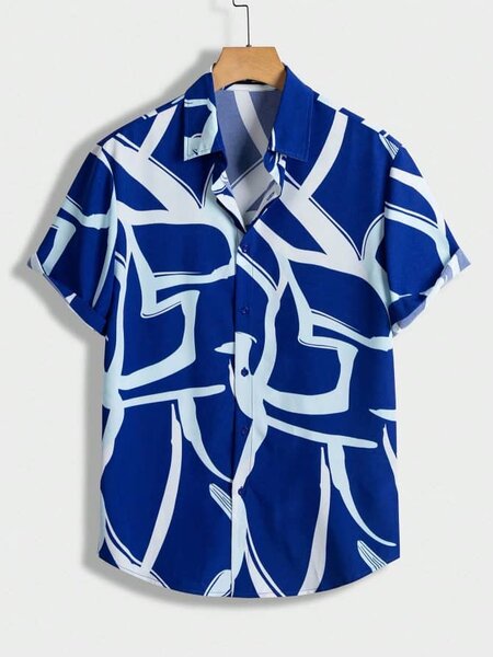 Chemise homme été bleu motif géométrique