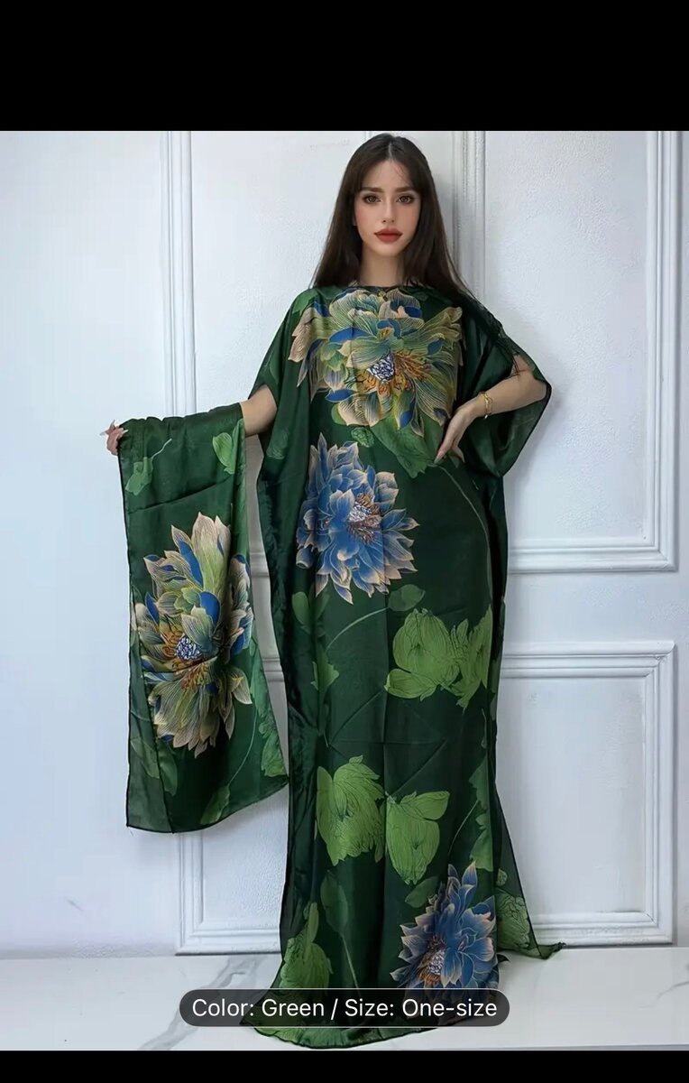 Green Floral Kaftan Dress Maxi Long Robe
