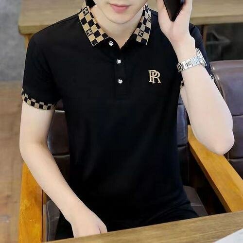 Fashion Men's Fashion Casual Embroidered Polo T-shirt - Blac