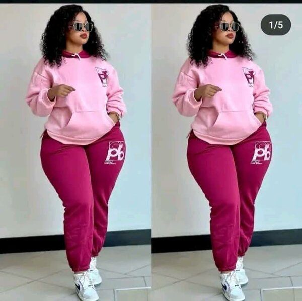 Tracksuit, light pink sweatshirt, raspberry trousers