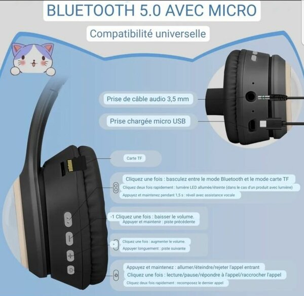 Casque Bluetooth Enfant Et Adulte Akz Premium - Oreille Chat