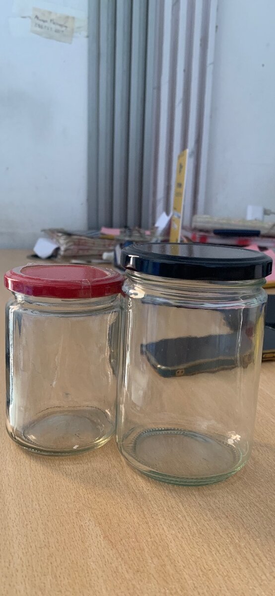 350ml glass bottles, jars, tin