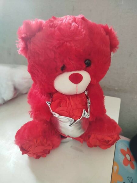 Ours en peluche rouge avec rose
