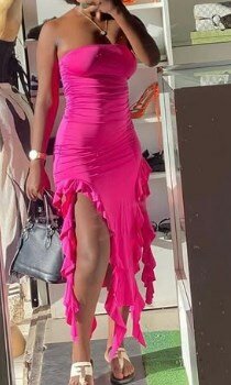 Asymmetrical dress, deep cutouts on the sides at the hem, pink