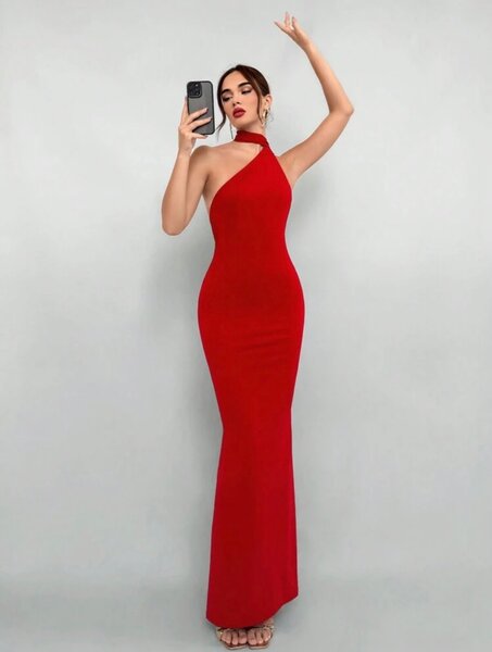 Red Backless Halter Dress For Date