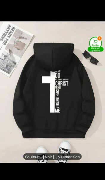 Sweat à capuche noir motif chrétien
