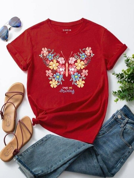 T-shirt SHEIN papillon fleuri rouge