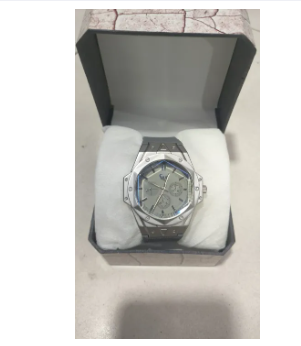 Elegant Silver-Toned GU Stainless Steel Watch with Multi-Function Chronograph Dial