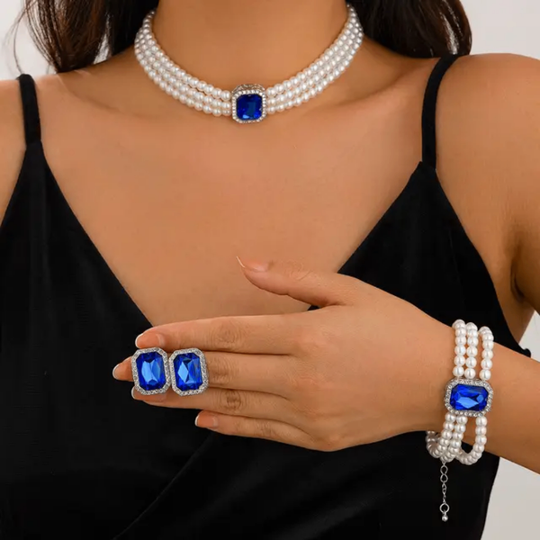 Set bijoux perles et cristal bleu