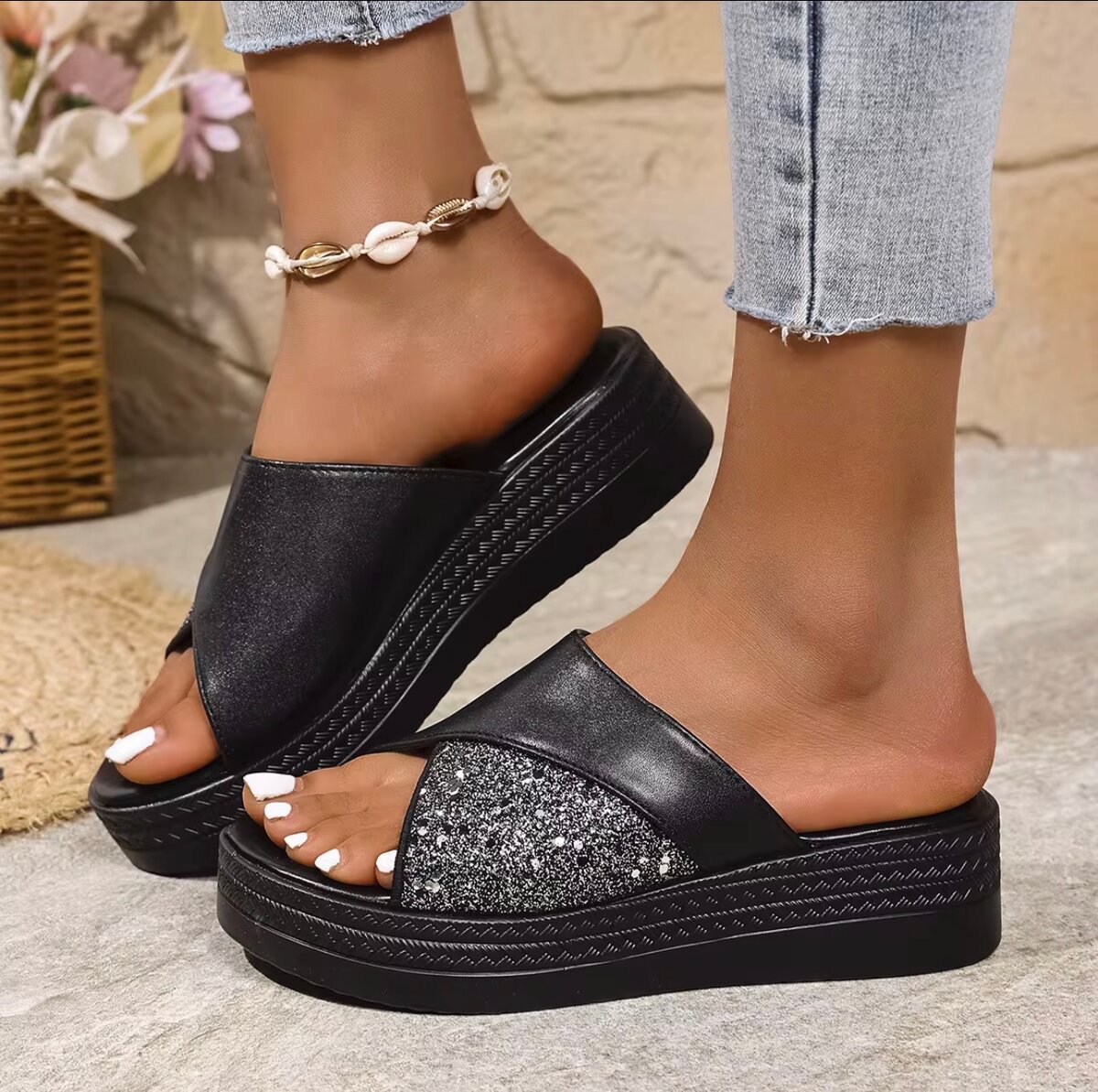 Mules à plateforme brillantes