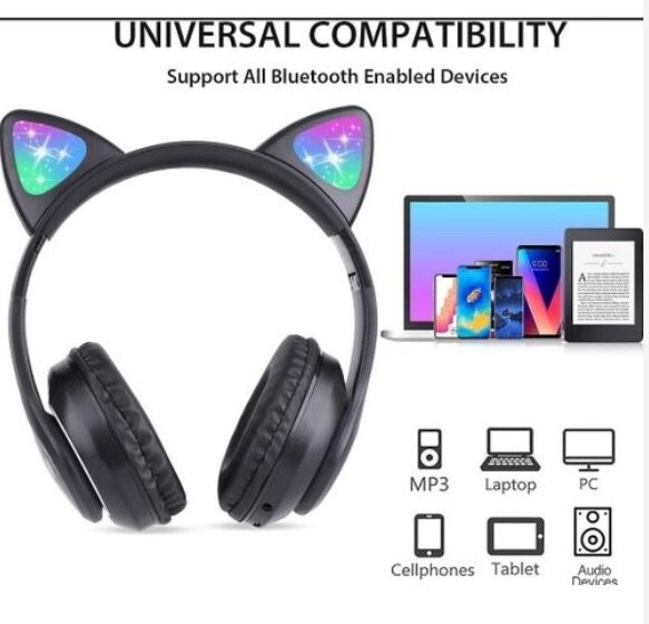 Cute Cat Ear Wireless Headphones with Led Light - Black