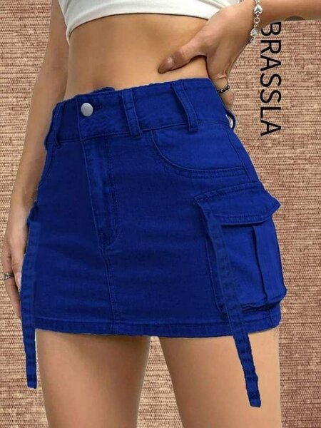 Jupe courte cargo en jean bleu BRASSLA