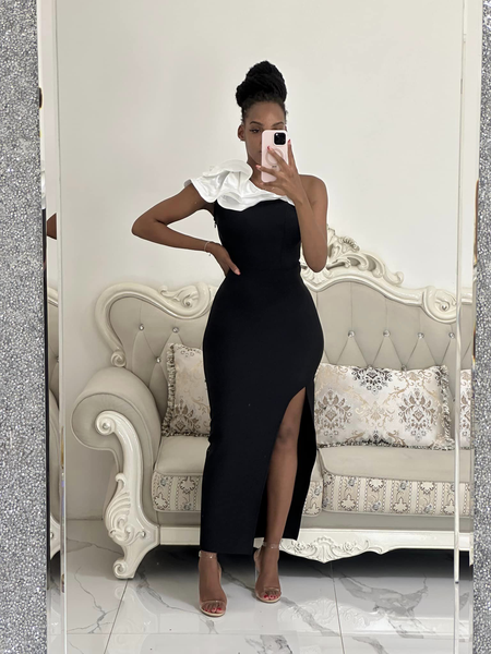black and white one shoulder bodycon dress