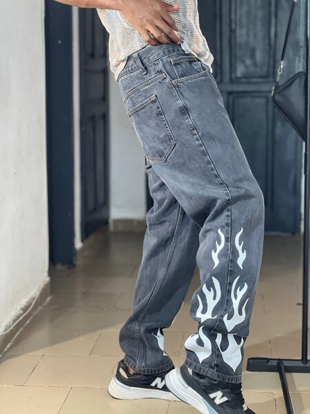 Jeans gris flamme streetwear