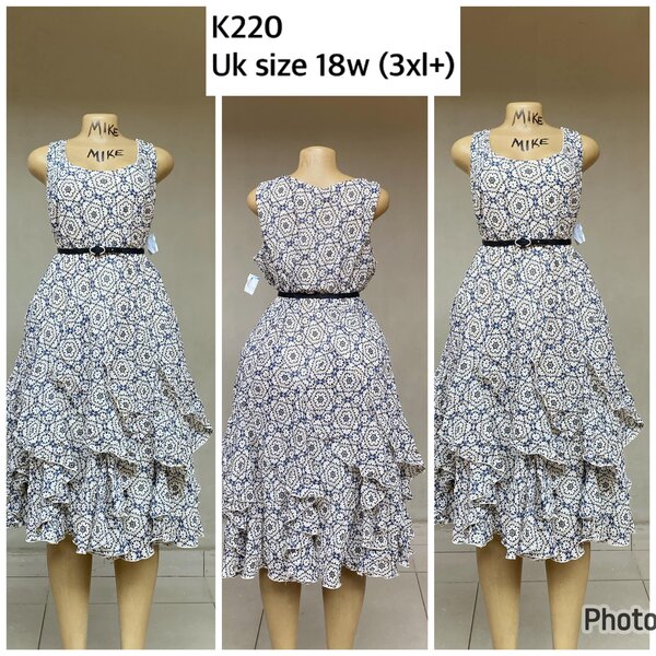 a dress in a small pattern without sleeves with flounces at the bottom