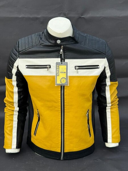 Blouson moto cuir jaune homme