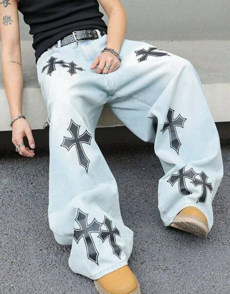 Jeans larges homme croix délavés