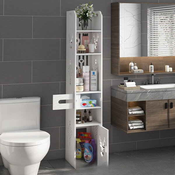 Meuble de salle de bain étroit avec étagères