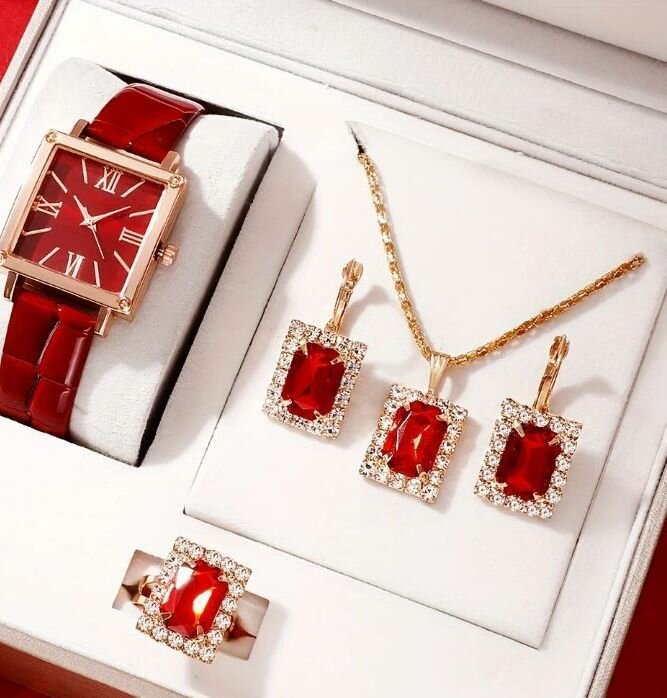 Ensemble montre et bijoux rouge élégant