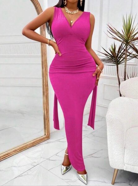 Ruched Split Thigh Backless Dr