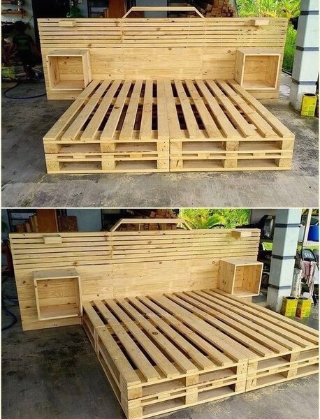 Lit en palette en bois brut pour chambre