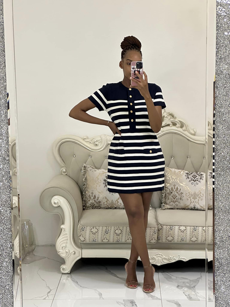 blue and white striped dress