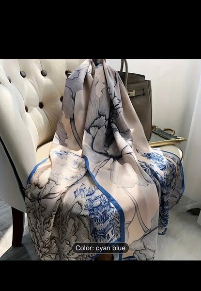 Silk Scarf Blue Floral Print Luxury Shawl