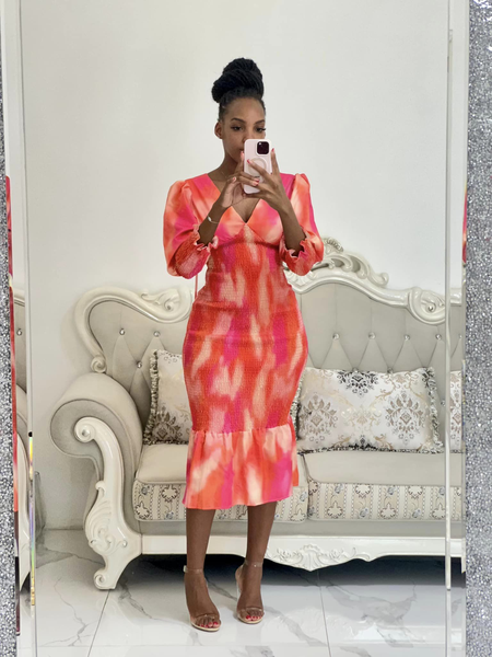 red pink below knee sleeveless bodycon dress