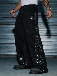 Jeans larges noirs avec croix strassées
