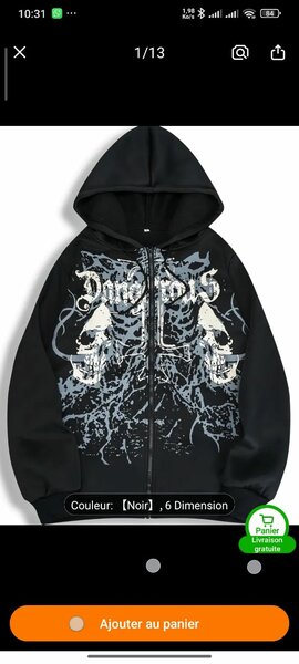 Sweat à capuche noir avec dessin tête de mort