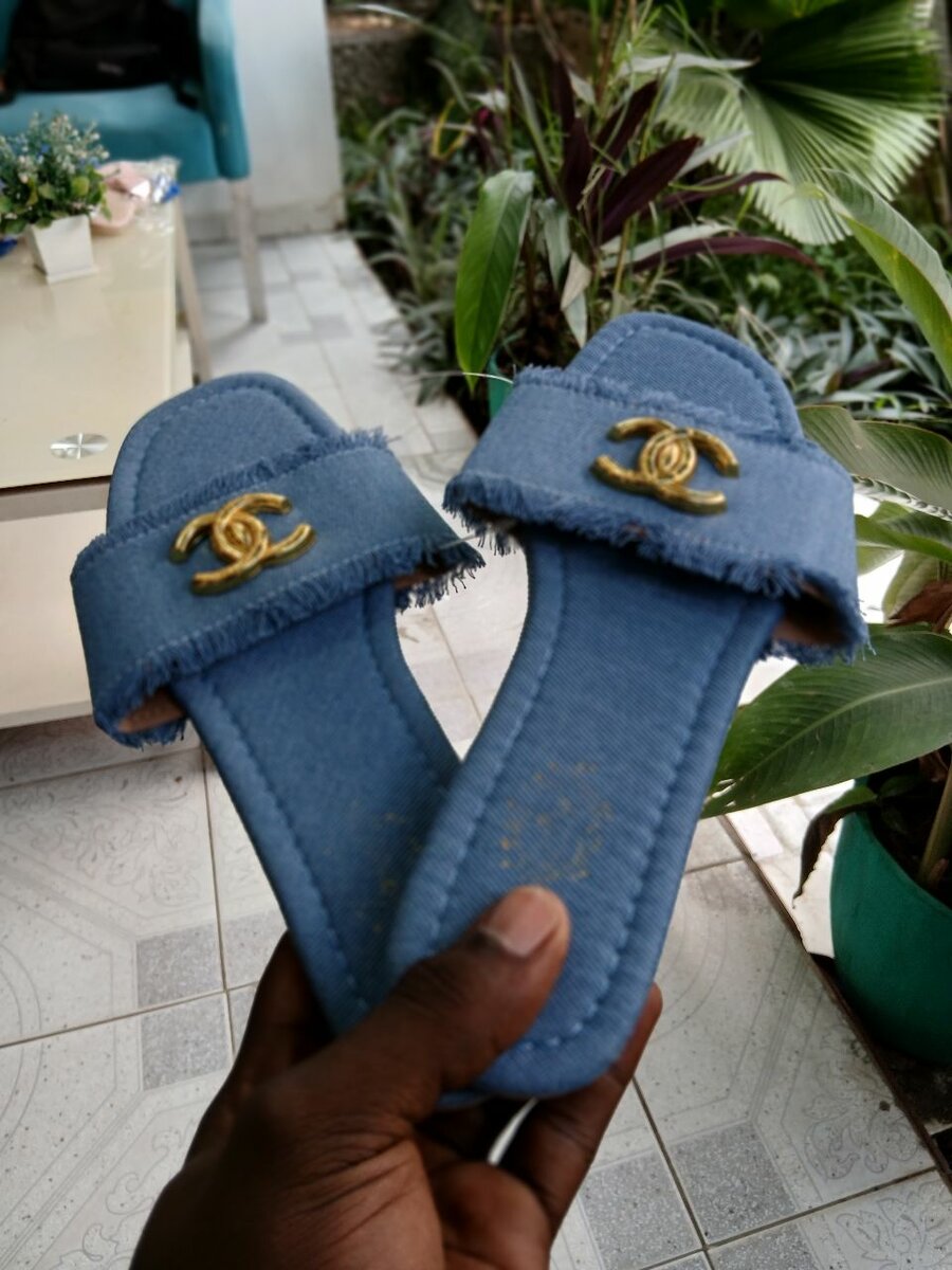 Blue Denim Slides with Gold CC Logo