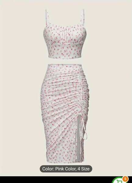 Floral Print Skirt Set, Ruched Bust Crop Cami