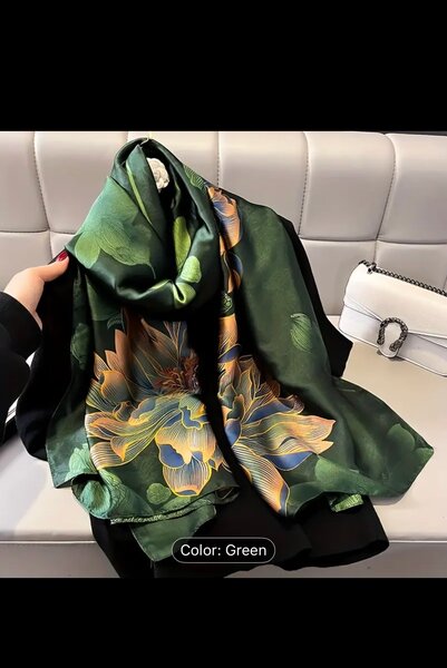 Floral Green Silk Scarf for Women