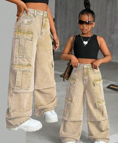 Jeans cargo fille beige