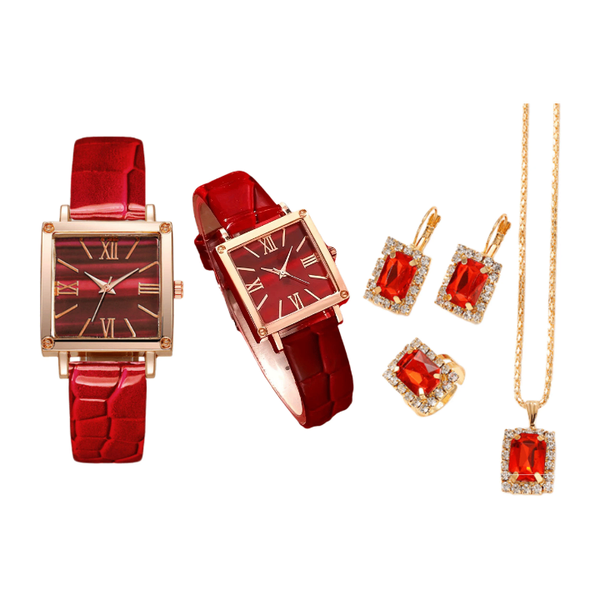 Montre et parure de bijoux rouges