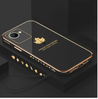 LECOMES for Realme C30 Back Cover with Lanyard Luxury 6D Plating Fancy Maple Leaf Stylish Girls Phone Case Soft Silicone Square Mobile Cases Pouch
