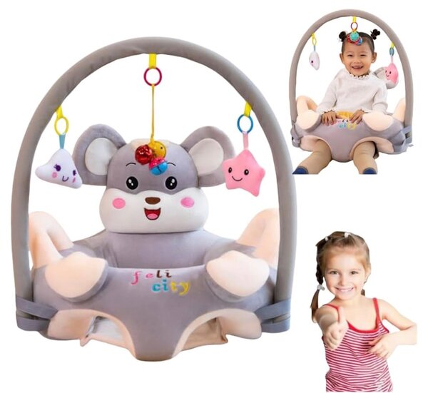 Siège de bébé gris avec jouets suspendus