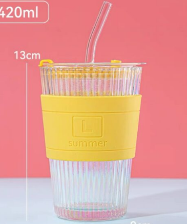 Stripped Summer Fashion Iridescent Glass Tumbler with Spill-Proof and Silicone Sleeve