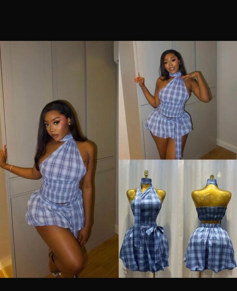 Robe courte à carreaux bleue pour femme