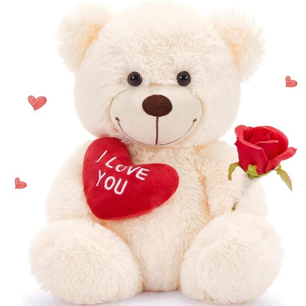 Ours en peluche blanc avec rose rouge et cœur 'I love you'