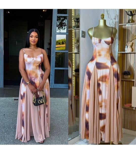 Robe longue en soie marron et rose