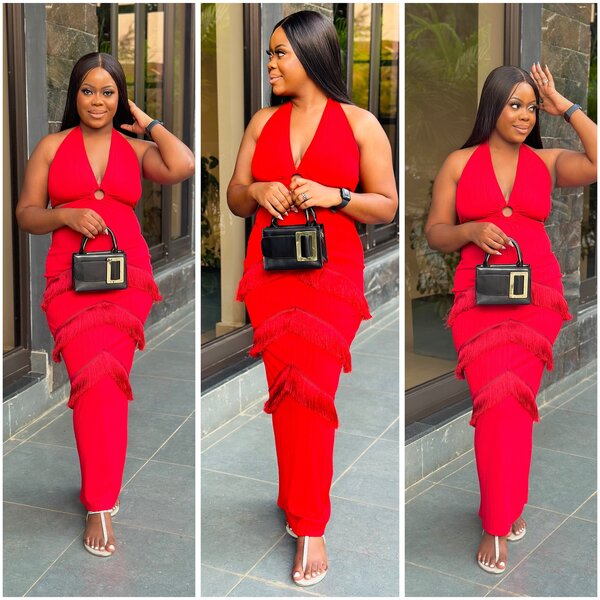 Dress red, maxi, with fringe, size s-2xl