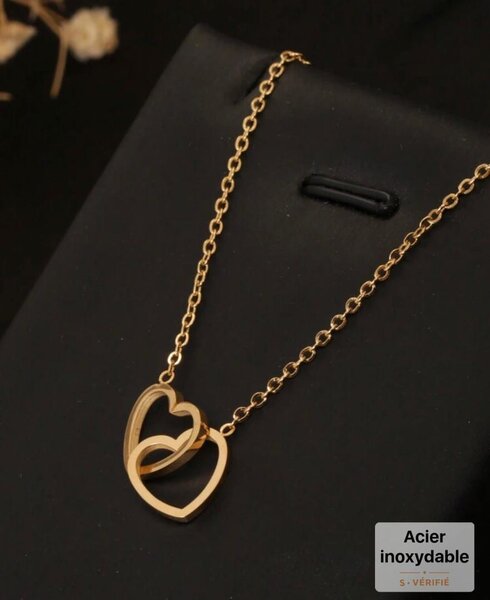 Collier en acier inoxydable deux coeurs