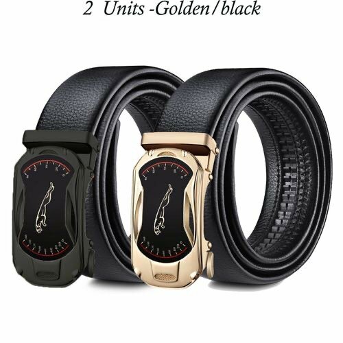 2-Piece Leather Automatic Buckle Belt - Black/Gold