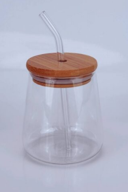 Pear Shape Bamboo Lid Borosilicate Glass Tumbler with Straw