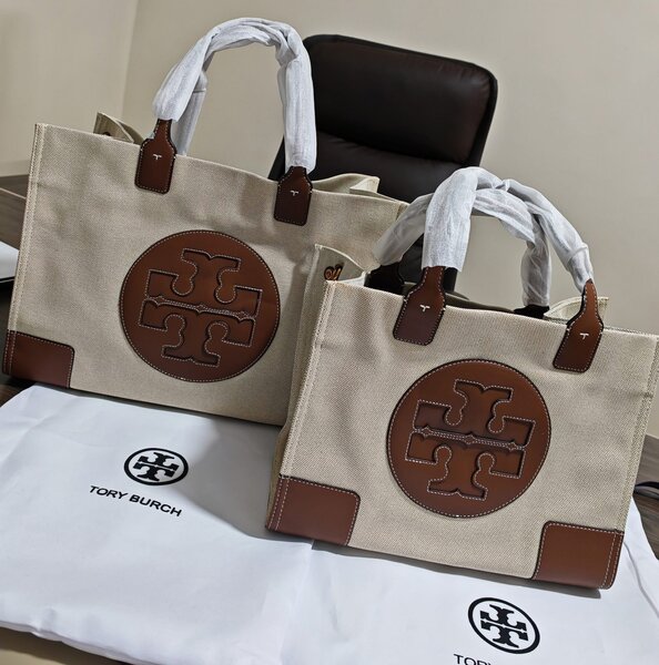 Sac cabas Tory Burch en toile et cuir marron